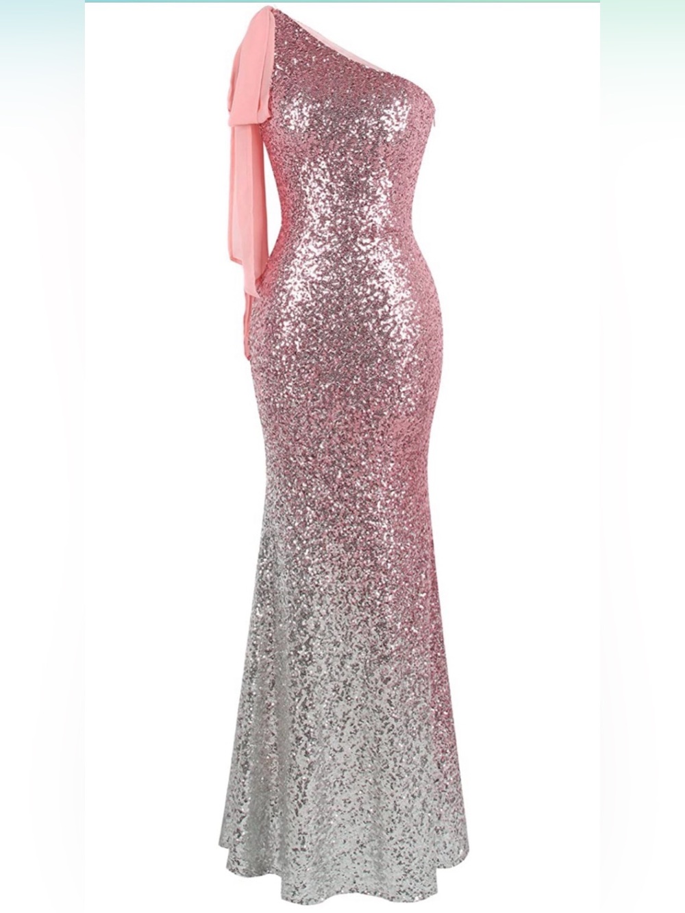 Angel-fashions women’s Asymmetric Ribbon Gradient Sequin Mermaid Long Dress
